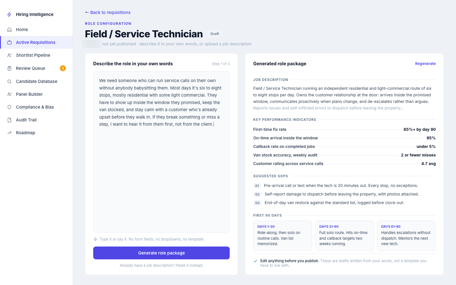 Role configuration: a plain-English description of the job on the left, and the generated package on the right with a job description, KPIs, suggested SOPs, and a 30-60-90 roadmap